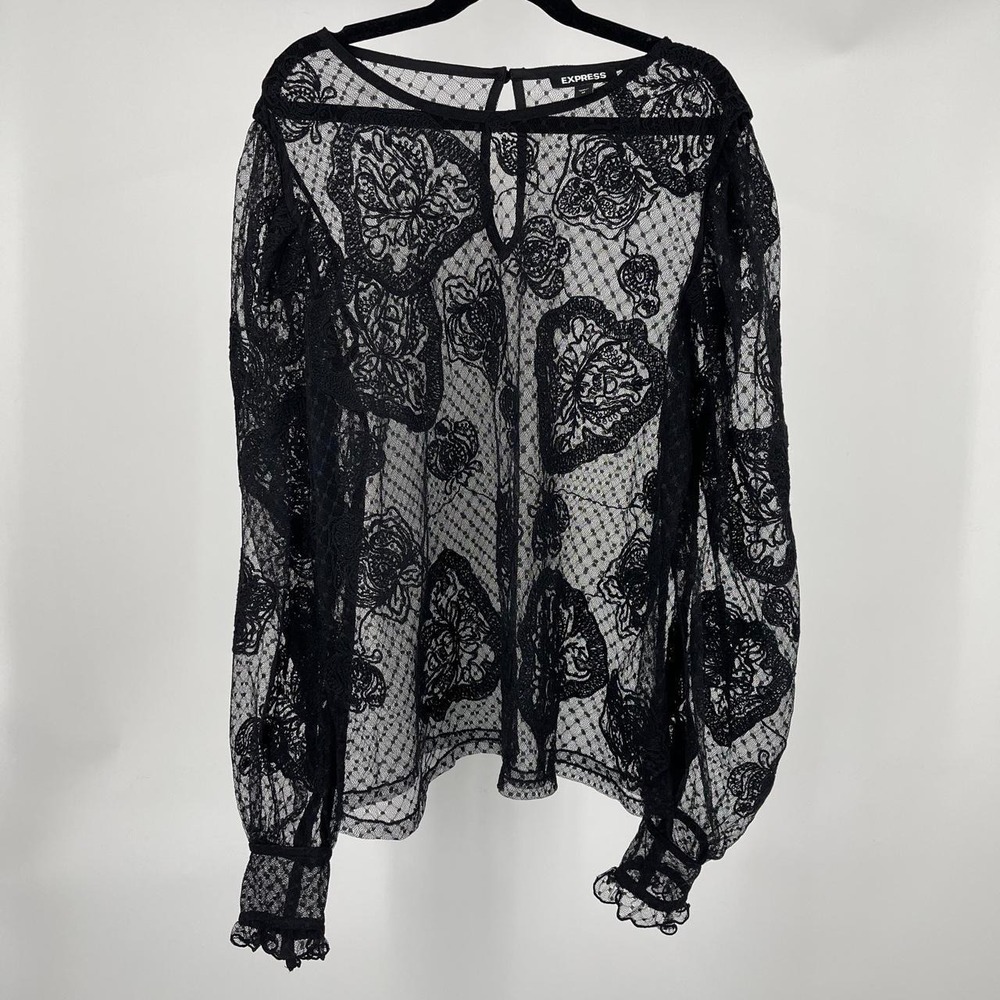 Gothic Romantic Floral Lace Top M Dark Fairy Sheer Ruffle Edwardian Witchy Black